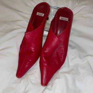 Red leather heeled mules